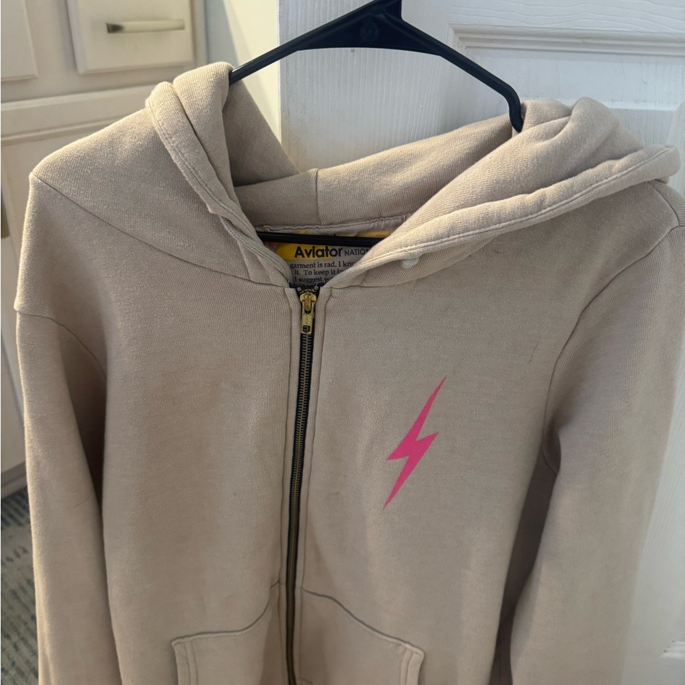 Adult Aviator Nation Tan Jacket with Pink Lightning Bolt